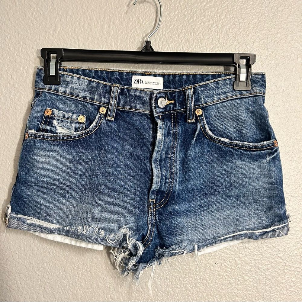 Zara Cut Off Jean Shorts Button Fly High Rise Raw Hem Dark Wash Denim Size 4
